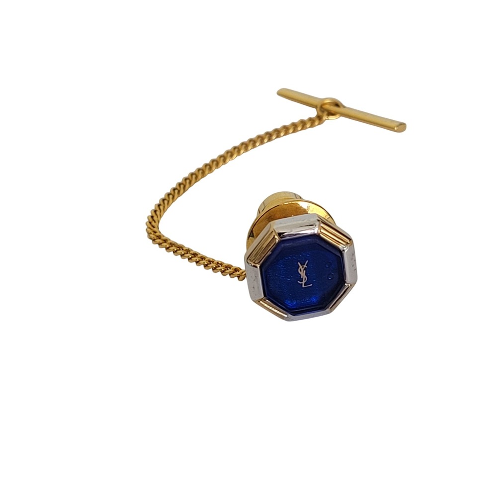 Yves Saint Laurent Vintage Tie Tack Blue Octagon Gold Silver Tone YSL Logo Pin